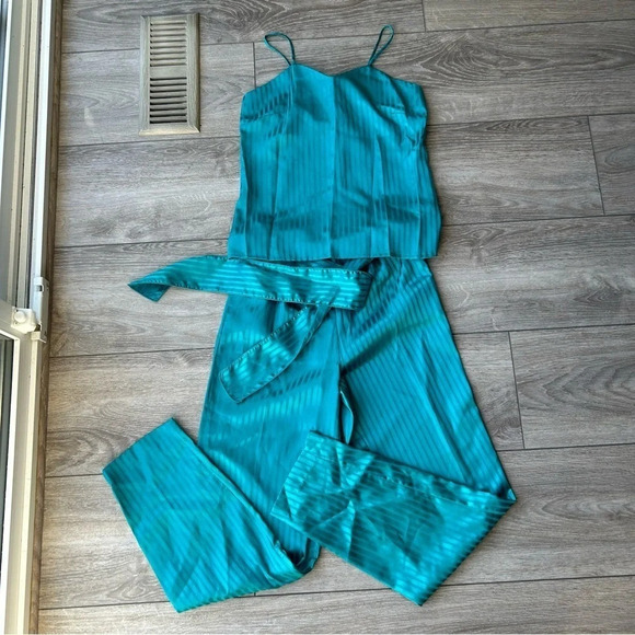 Ziba Satin Silky  Turquoise Pinstriped Cami Pants Two Sets Made in Canada - Picture 2 of 16